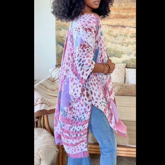 Colorful Splatter Boho Kimono Magenta/Lilac/Turquoise One Size Layering Wrap - Picture 3 of 3